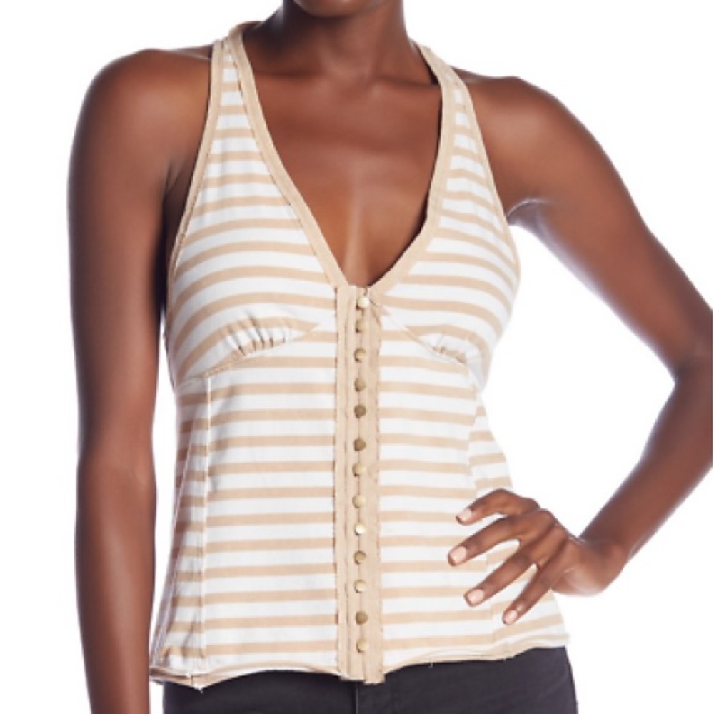 NWT‎ Free People Mylo Striped Button-Down Halter Top Tan Medium